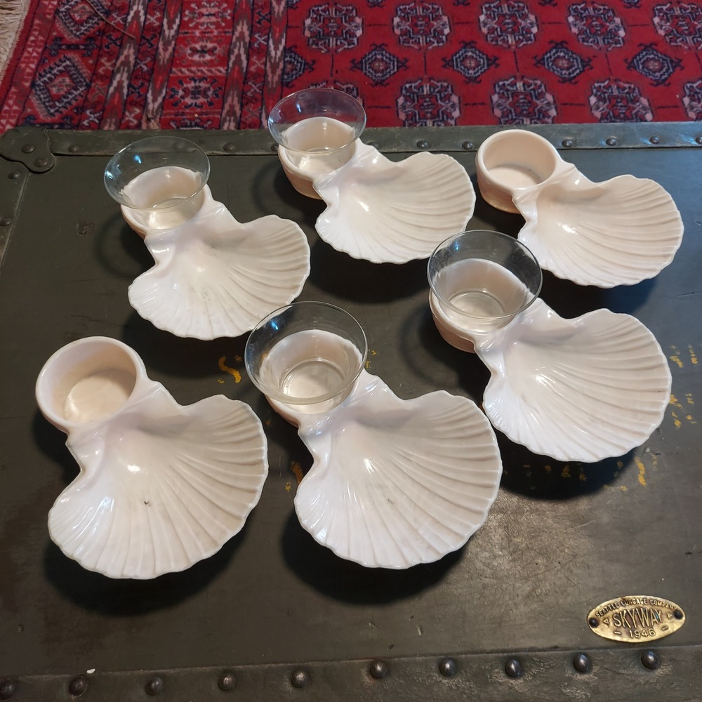 Vintage Opalescent Pink Milk Glass Shell Snack Plates with Glass Inserts 6 Pc